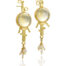 "Moonstruck"earrings in 22k and 18k yellow gold with round cabochon moonstones and antique seed pearls tassels on posts with Omega clips. Earrings are 1 3/4" long x 3/8" wide (37 x 10mm).
