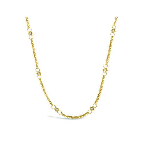 "Whisper Chain" silver diamond necklace with approximately 1.95 cttw. Beads are 4mm on 24" long, double 18K gold chains.