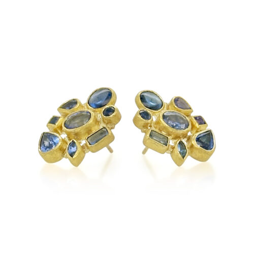 Mosaic earrings with mixed shape and cut blue sapphires set in 22k gold bezels with 18k backing on post