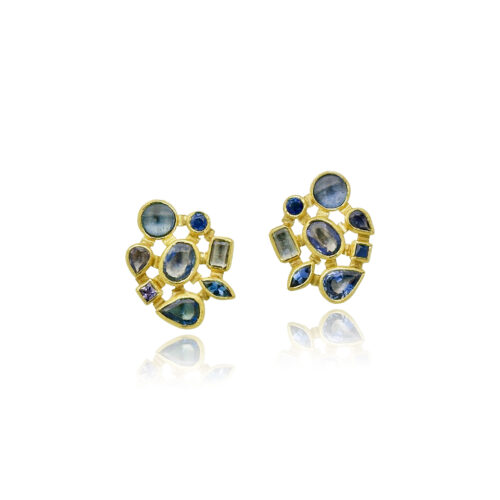 Mosaic earrings with mixed shape and cut blue sapphires set in 22k gold bezels with 18k backing on post