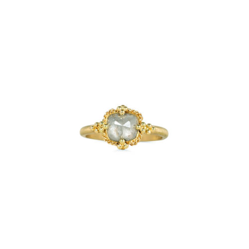 One-of-a-kind ring with a silver-grey diamond, 1.63cts. Diamond is 8 x 7mm. Ring band has granulated prongs, is 18k gold and is size 7.