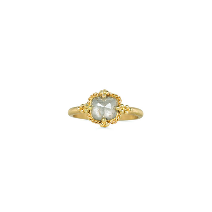 One-of-a-kind ring with a silver-grey diamond, 1.63cts. Diamond is 8 x 7mm. Ring band has granulated prongs, is 18k gold and is size 7.