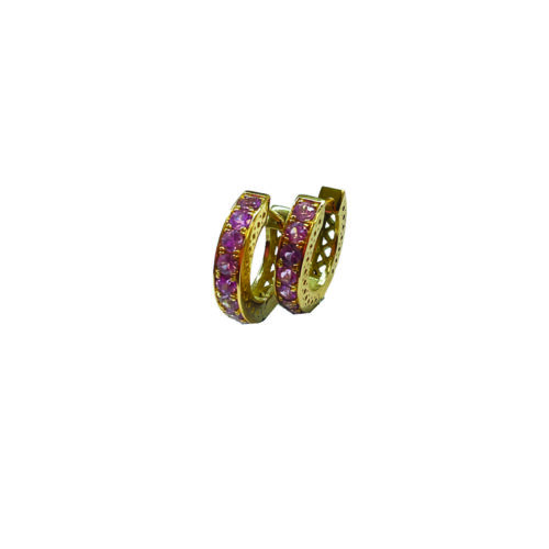 18k yellow gold crownwork huggie earrings with pave-set lavender sapphires, 1.00 cttw,with spring wire snap closures. Earrings are 15mm in diamater.