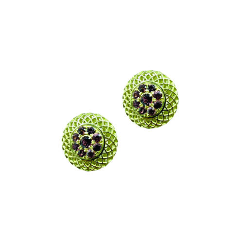 18k yellow gold crownwork button earrings on posts with pave-set wine colored sapphire (1.20 cts) center. Earrings are 5/8" diameter (16mm).