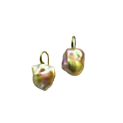 Baroque purple-pink pearl earrings on 18k yellow gold hooks. Earrings are 1 1/8" long x 3/4" wide (28 x 19mm).