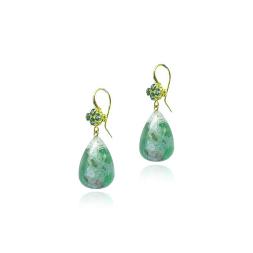 18k yellow gold 4 stone clover top earrings with bezel set green sapphires and aquaprase pear drops on French wires. Earrings are 1 5/8" long x 5/8" diameter (41 x 16mm).