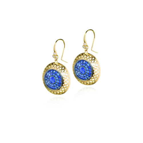 18k yellow gold crownwork disc earrings with blue sapphires (3.01 cts) set in oxidized silver on triple diamond hooks. Earrings are 1 1/2" long x 7/8" wide (38 x 23mm).