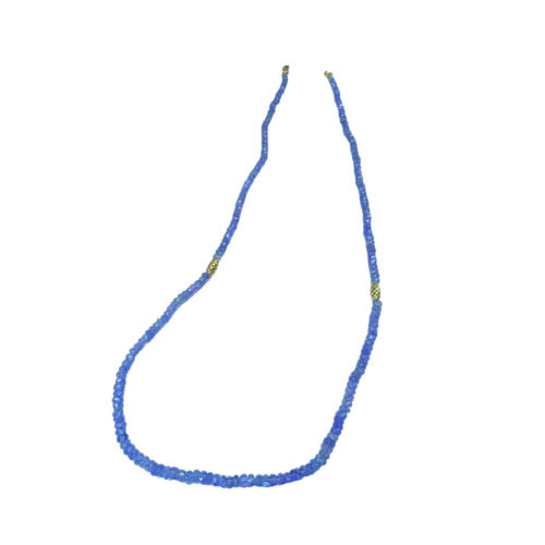 Beaded faceted Tanzanite necklace, 3mm, with two 18k yellow gold small Crownwork barrel beads and an 18k gold lobster clasp. Necklace is 18 1/4" long.