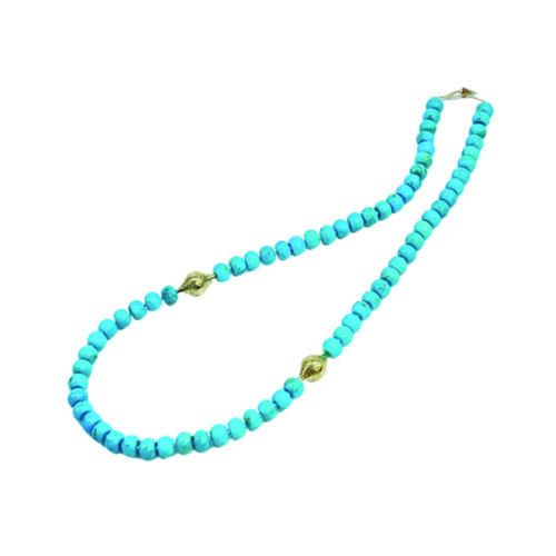 Beaded turquoise necklace, 8mm diameter, finished with two small 18k yellow gold crownwork finials and small lilypad clasp. Necklace is 21.25" long.