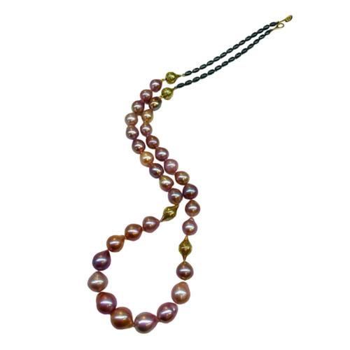 Natural multicolored baroque fresh water pearls, 10-15mm diameter, with two small 18k yellow gold crownwork finials and two amphoras on oxidized silver chain with a lilypad clasp. Necklace is 29.5" long.