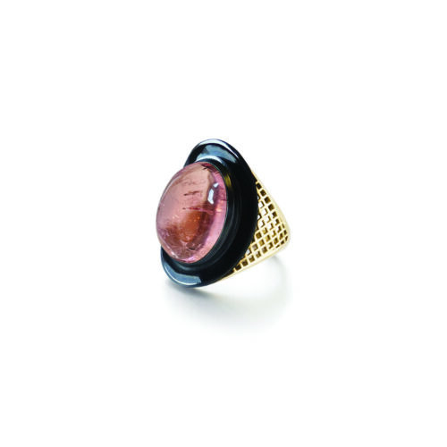 18k yellow gold crownwork "Regency" ring with bezel set oval pink tourmaline center stone, 13.47cts, set in oxidized silver with fired black glass enamel surround. Ring is a size 6.25 and tourmaline is 1" wide (26mm).