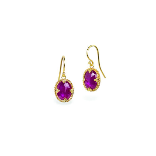 One-of-a-kind earrings with an oval ruby, 5.09 cts. Earrings are 10 x 12mm and 21mm total length with 18k gold French wires.