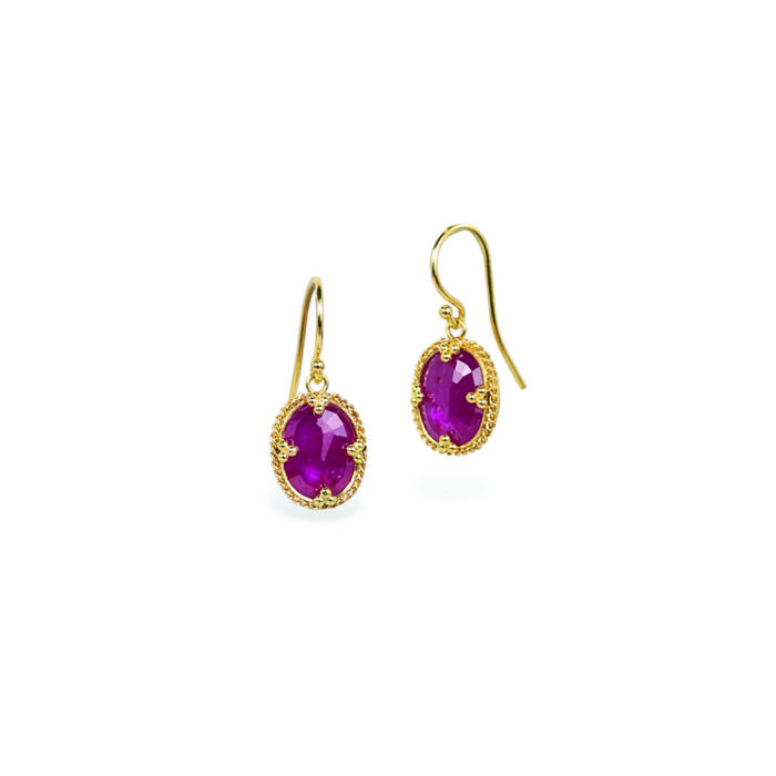 One-of-a-kind earrings with an oval ruby, 5.09 cts. Earrings are 10 x 12mm and 21mm total length with 18k gold French wires.