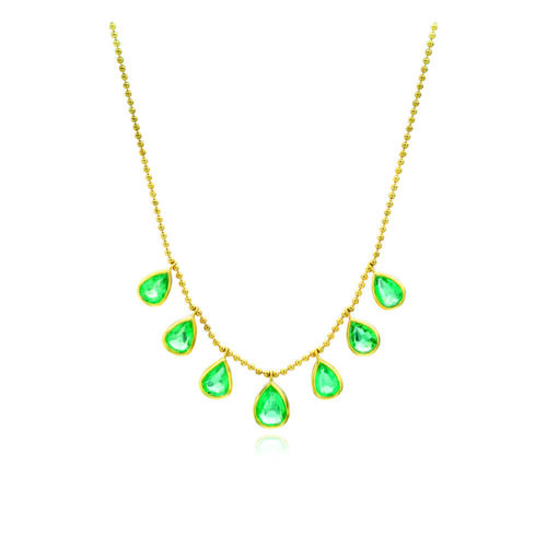 fringe necklace in green with pear shaped emeralds