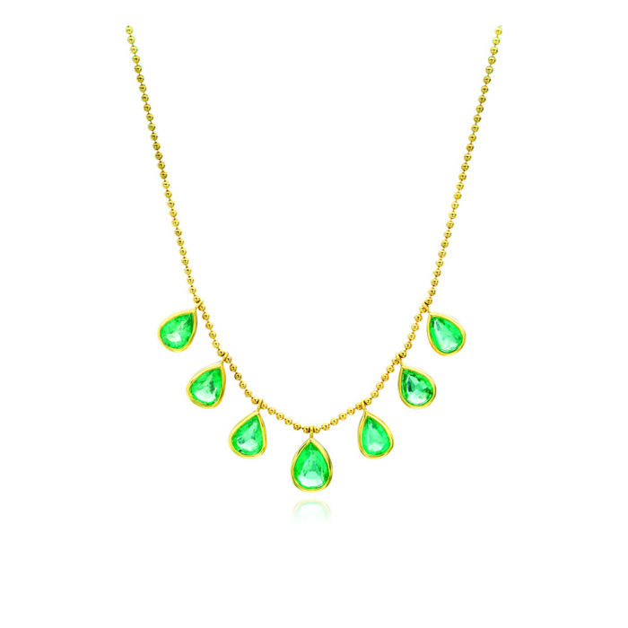 fringe necklace in green with pear shaped emeralds