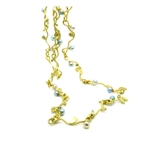 segmented necklace in 18k yellow gold with Akoya pearls and colored diamonds