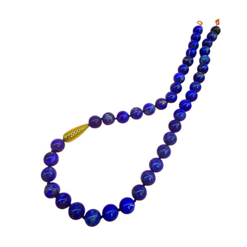 Beaded Tanzanite necklace, 10mm diameter, finished with an 18k yellow gold tapered crownwork link and small lilypad clasp. Necklace is 19" long.