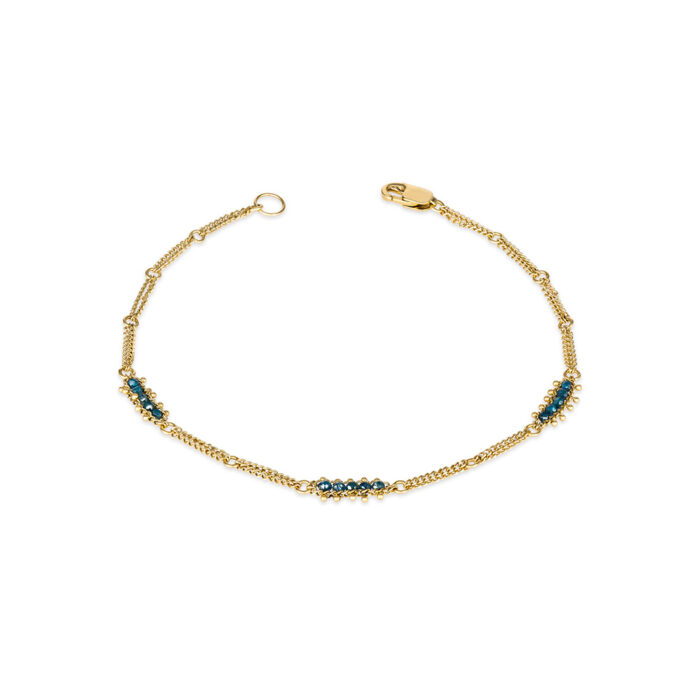 Textile Station blue diamond bracelet, approximately 0.7 cttw, chain is 18k yellow gold and bracelet is ___" long.
