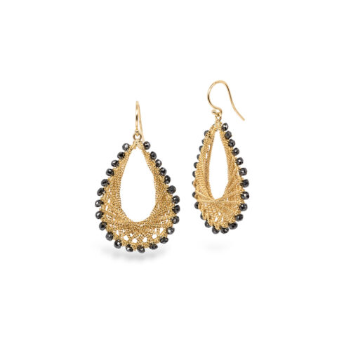 18k yellow gold woven teardrop earrings with black diamonds, 5.5 cttw, on 18k yellow gold french wires. Earrings are 1 1/2" long x 15/16" wide (38 x 25mm).