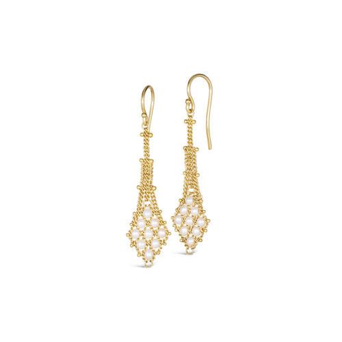 Textile drop freshwater pearl earrings, approximately 1.6 cttw, chain is 18k yellow gold and is ___" long
