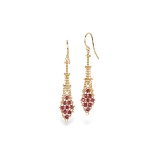 Textile Drop ruby earrings in 18k yellow gold on french wires