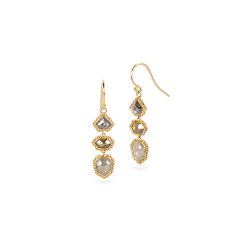 One-of-a-kind natural salt and pepper diamond earrings, 3.17 cttw, triple drop earrings set in 18k yellow gold bezels with 18k yellow gold woven chain surround on French wires. Earrings are 1 1/2" long x 5/16" wide ( 31 x 8mm including French wires). 