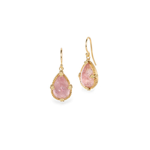 One-of-a-kind earrings with a teardrop shaped morganite, 10.46 cts, set in 18k yellow gold granulated bezels on 18k yellow gold French wires. Earrings are 1" long x 3/8" wide (25 x 10mm). 