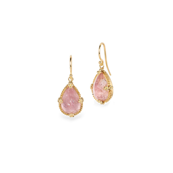 One-of-a-kind earrings with a teardrop shaped morganite, 10.46 cts, set in 18k yellow gold granulated bezels on 18k yellow gold French wires. Earrings are 1" long x 3/8" wide (25 x 10mm). 
