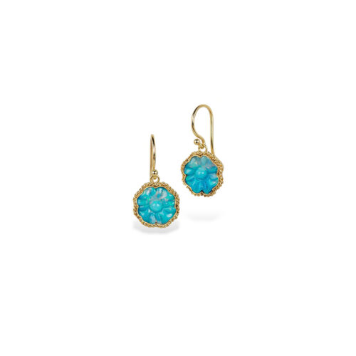 One-of-a-kind carved flower Australian boulder opal earrings, 2.01 cts, set in 18k yellow gold bezels on French wires. Opals are 10mm in diameter.