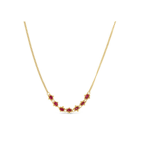 Petite Textile ruby necklace, approximately 1 ct, chain is 18k yellow gold and is __" long.