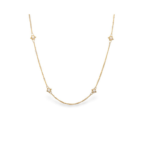 Textile station necklace with freshwater pearls, chain is 18k yellow gold and is 24" long