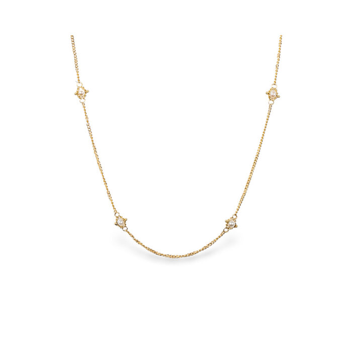 Textile station necklace with freshwater pearls, chain is 18k yellow gold and is 24" long