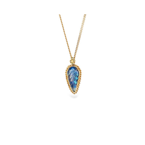 One-of-a-kind carved leaf moonstone necklace, .85 ct, bezel set in 18k yellow gold with 18k woven chain surround. Moonstone is 3/4" tall x 7/16" (20 x 11mm) on an 18k yellow gold adjustable chain (16"-18") with lobster clasp.