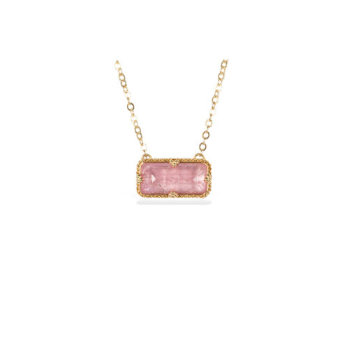 One-of-a-kind necklace with an East/West set morganite in an emerald cut, 4.95 cts, with granulation on the bail and prongs. 18k yellow gold adjustable chain (16″-18″) with lobster clasp.
