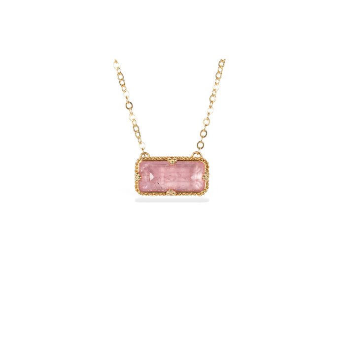 One-of-a-kind necklace with an East/West set morganite in an emerald cut, 4.95 cts, with granulation on the bail and prongs. 18k yellow gold adjustable chain (16″-18″) with lobster clasp.