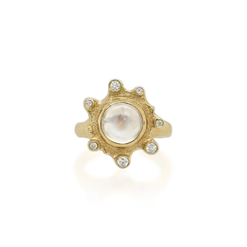 18k yellow gold "Embrace" ring with 7 VS white diamonds, 0.09 cttw, and center high-domed cabochon moonstone, 7 mm in diameter.