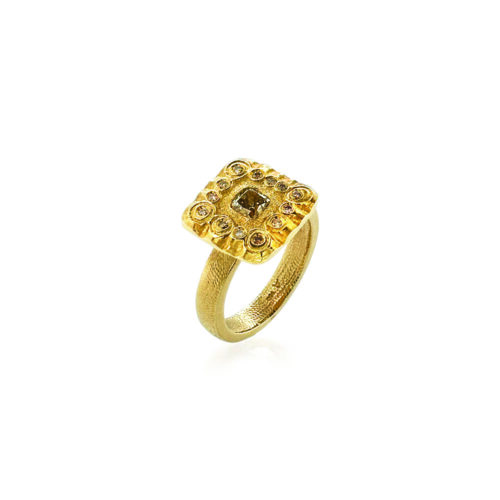 square ring with cushion cut brown diamond and champagne diamonds