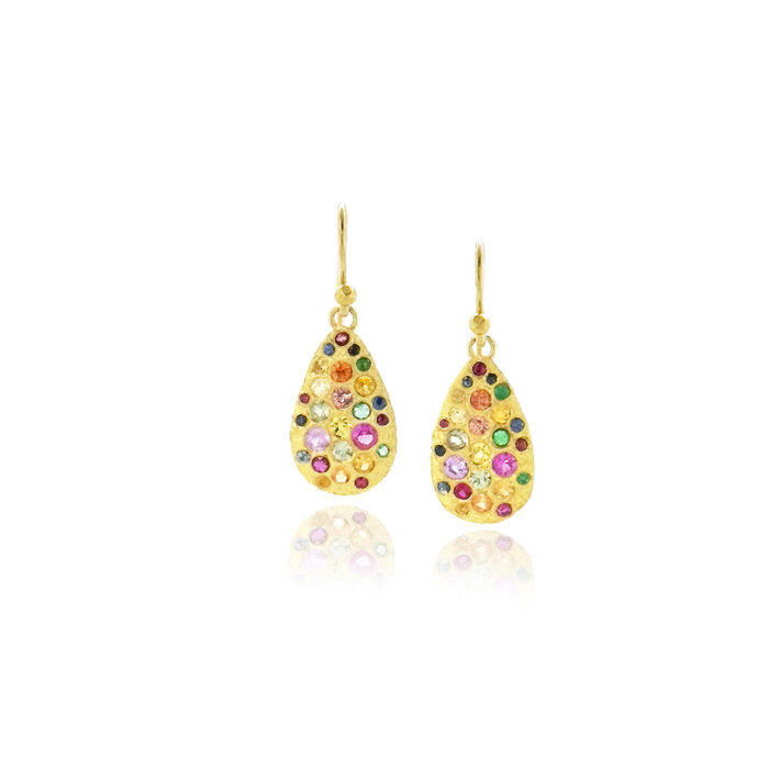 "Party Earrings; 22k gold "silk" textured drops with various sized flush set sapphires, emeralds and rubies on 18k gold French wires. Earrings are 1" long x 3/8" wide (25 x 10mm).