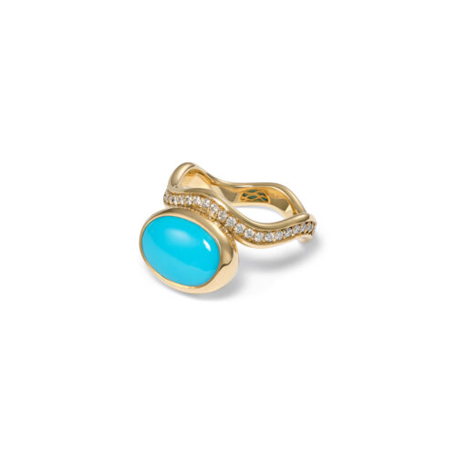 Aurora ring in 18k yellow gold with an oval turquoise cabochon, 10 x 14mm, on a wavy pavé-set diamond band, 0.45 cttw. Ring is 5/8" wide (15mm) and is a size 7.