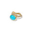 Aurora ring in 18k yellow gold with an oval turquoise cabochon, 10 x 14mm, on a wavy pavé-set diamond band, 0.45 cttw. Ring is 5/8" wide (15mm) and is a size 7.