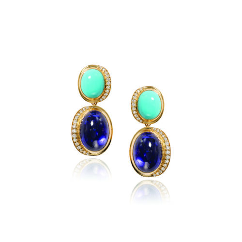 Aurora crescent drop earrings with round turquoise studs and Tanzanite drops, both with pavé-set diamonds on one side, 0.33 cttw., with a high polish. Earrings are 1 1/4" long x 9/16" wide (32 x 14mm).
