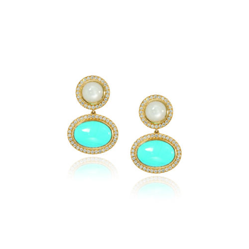 Aurora stud earrings with white moonstone and turquoise drops, surrounded by pavé-set diamonds, 1.13 cttw., with a high polish. Earrings are 1 3/16" long x 3/4" wide (30 x 19mm).