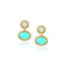 Aurora stud earrings with white moonstone and turquoise drops, surrounded by pavé-set diamonds, 1.13 cttw., with a high polish. Earrings are 1 3/16" long x 3/4" wide (30 x 19mm).