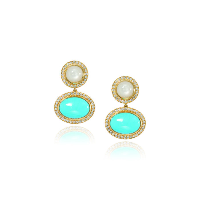 Aurora stud earrings with white moonstone and turquoise drops, surrounded by pavé-set diamonds, 1.13 cttw., with a high polish. Earrings are 1 3/16" long x 3/4" wide (30 x 19mm).