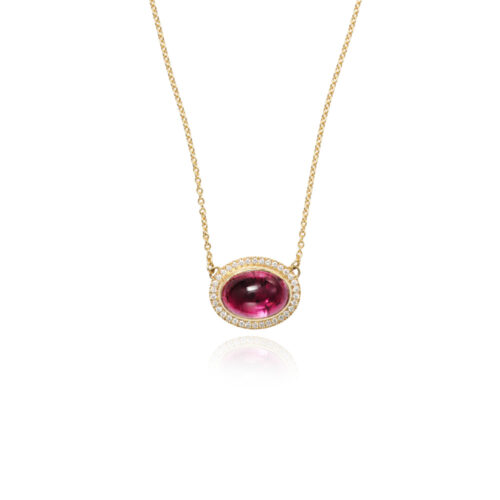 Aurora pendant with an East/West set oval rubellite cabochon surrounded by pavé-set diamonds, 0.35 cttw. Chain is 18k yellow gold with a lobster clasp and is adjustable to 19" long. The pendant is 5/8" x 3/4" (16 x 19mm).