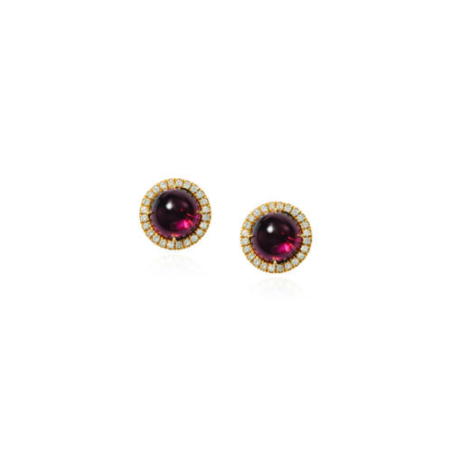 Aurora studs in 18k yellow gold with round rubellites surrounded by pavé-set diamonds, 0.32 cttw., with a high polish. Earrings are 1/2" diameter (12mm).