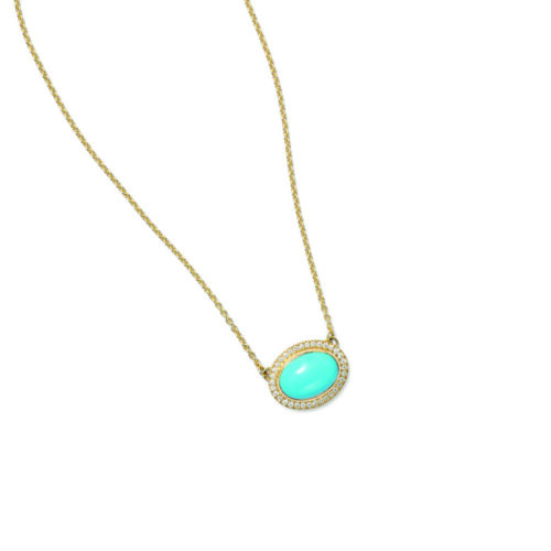 Aurora pendant with an East/West set oval turquoise cabochon surrounded by pavé-set diamonds, 0.35 cttw, with a high polish. Chain is 18k yellow gold with a lobster clasp and is adjustable to 19" long. The pendant is 5/8" x 3/4" (16 x 19mm)