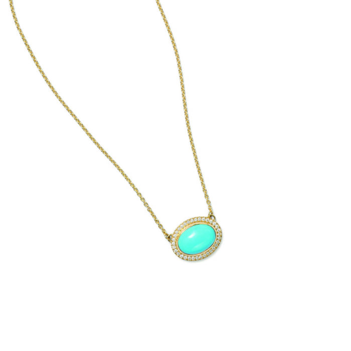 Aurora pendant with an East/West set oval turquoise cabochon surrounded by pavé-set diamonds, 0.35 cttw, with a high polish. Chain is 18k yellow gold with a lobster clasp and is adjustable to 19" long. The pendant is 5/8" x 3/4" (16 x 19mm)