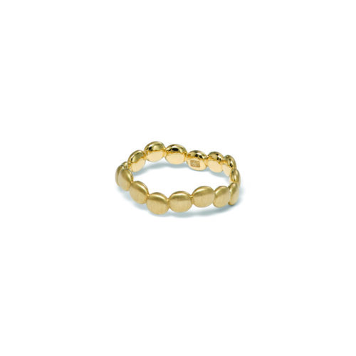 Beaded curved stacking ring in 18k yellow gold in a satin finish. Ring is 1/8" wide (3mm) and is a size 6.75.
