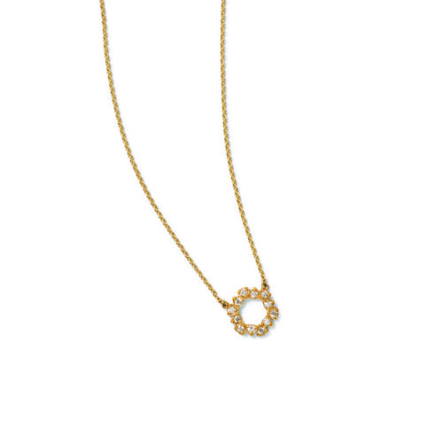 18k yellow gold circular pendant with 12 vs diamonds, 0.38 cttw, Pavé-set in adjoining trillion settings on a 17" long chain. Pendant is 5/8" in diameter (16mm).